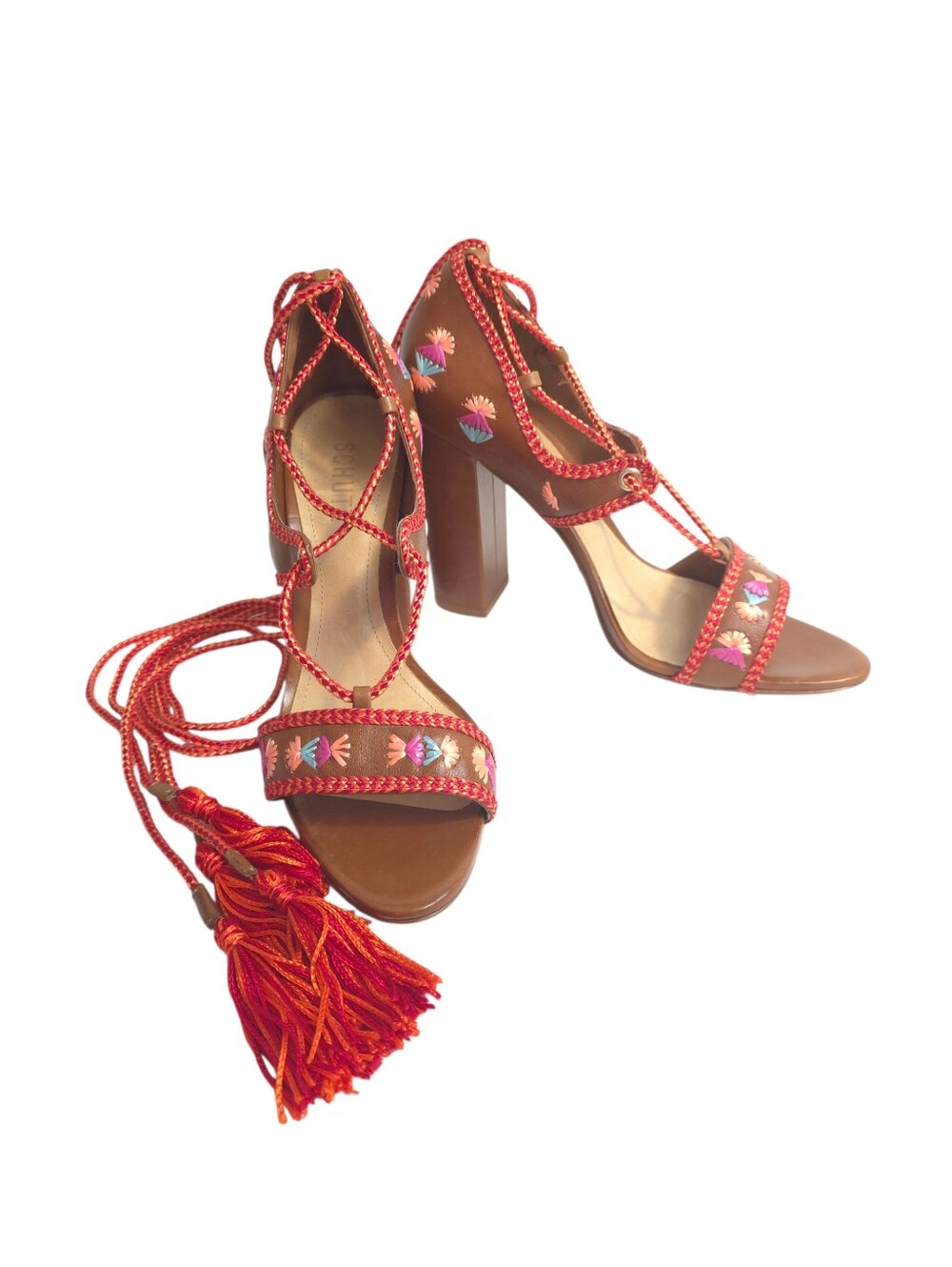 Schutz Boho Embroidered Lace Up Block Heel Shoes Women Brown Leather Size 9B